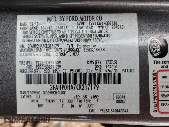 2012 Ford Fusion SE with VIN 3FAHP0HA7CR317179, listed as a Copart auction lot 60606575 with 148,766 mi miles and Clean title. Bid and sale history available at DreamBid. Image 12.