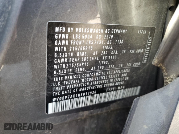 2017 Volkswagen Tiguan S with VIN WVGBV7AX1HK017920, listed as a Copart auction lot 55531125 with 126,129 mi miles and Clean Title. Bid and sale history available at DreamBid. Image 13.