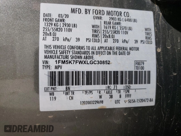 2020 Ford Explorer Limited with VIN 1FM5K7FWXLGC30852, listed as a Copart auction lot 46270785 with 39,341 mi miles and Salvage Title. Bid and sale history available at DreamBid. Image 14.
