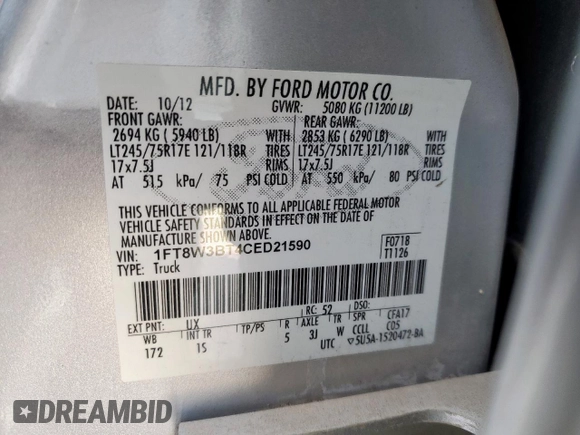 2012 Ford F-350 XL z VIN 1FT8W3BT4CED21590, wystawiony jako Copart lot #53383565 z przebiegiem 149 855 mil mil oraz Szkoda całkowita • Salvage title. Historia ofert i sprzedaży dostępna na DreamBid. Obrazek 14.