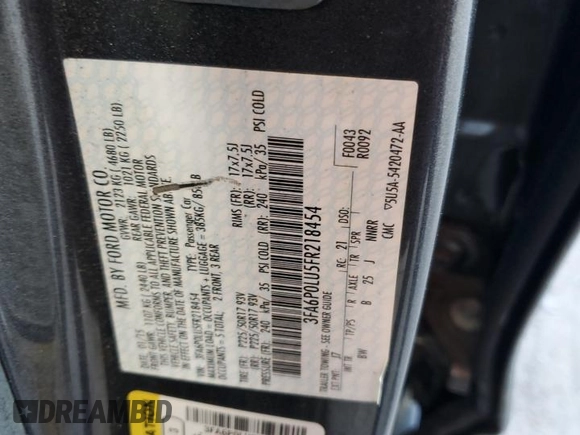 2015 Ford Fusion SE Hybrid with VIN 3FA6P0LU5FR218454, listed as a Copart auction lot 60682065 with 218,668 mi miles and Salvage title. Bid and sale history available at DreamBid. Image 12.