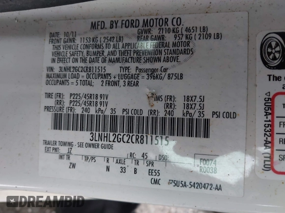 2012 Lincoln MKZ with VIN 3LNHL2GC2CR811515, listed as a IAAI auction lot 41335104 with 354,263 mi miles. Bid and sale history available at carsss.com. Image 9.