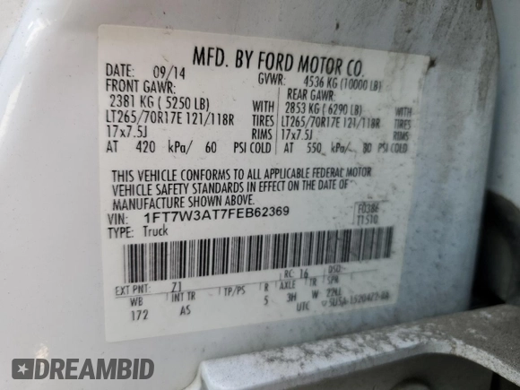 2015 Ford F-350 XL with VIN 1FT7W3AT7FEB62369, listed as a Copart auction lot 63364314 with Not Provided miles and Clean Title. Bid and sale history available at DreamBid. Image 12.