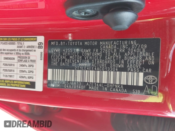 2010 Toyota Matrix S with VIN 2T1LE4EE4AC013304, listed as a IAAI auction lot 41535507 with 120,993 mi miles and . Bid and sale history available at DreamBid. Image 9.