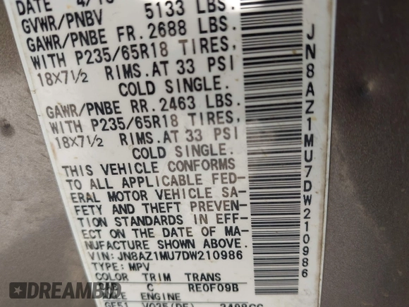 2013 Nissan Murano LE with VIN JN8AZ1MU7DW210986, listed as a IAAI auction lot 42056263 with 190,948 mi miles and . Bid and sale history available at DreamBid. Image 9.