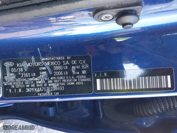 2018 Kia Forte LX with VIN 3KPFK4A71JE226693, listed as a IAAI auction lot 41334267 with 140,906 mi miles. Bid and sale history available at carsss.com. Image 9.