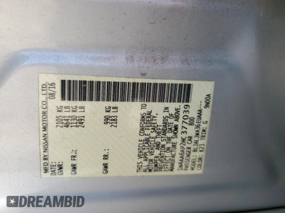 2017 Nissan Maxima SV with VIN 1N4AA6AP2HC377039, listed as a Copart auction lot 62051545 with 115,441 mi miles and Non repairable. Bid and sale history available at DreamBid. Image 13.