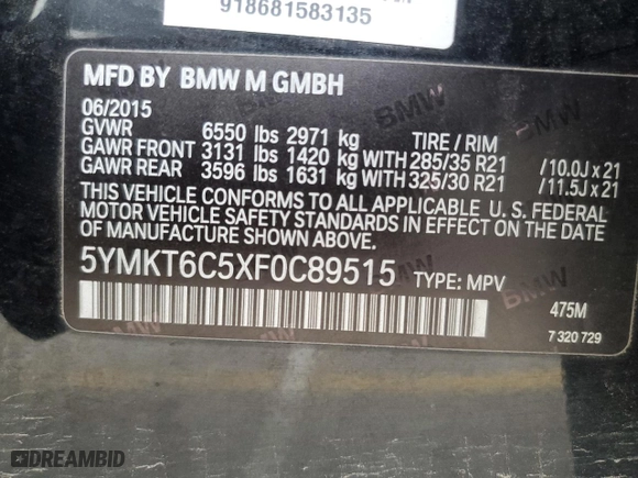2015 BMW X5 M with VIN 5YMKT6C5XF0C89515, listed as a Copart auction lot 54364934 with 151,595 mi miles and Salvage Title. Bid and sale history available at carsss.com. Image 14.