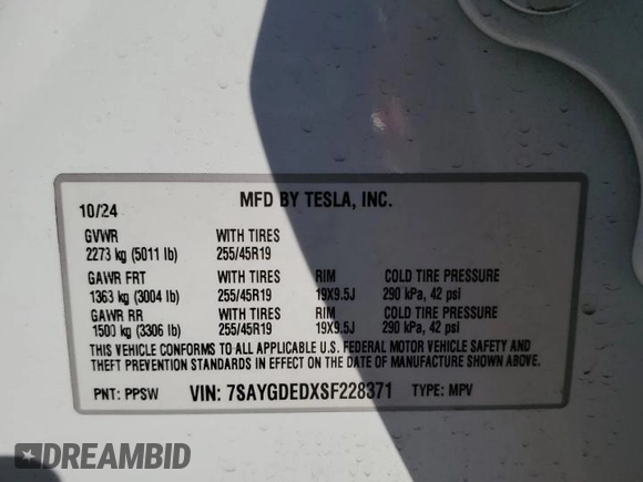 2025 Tesla Model Y Long Range with VIN 7SAYGDEDXSF228371, listed as a Copart auction lot 43925575 with 2,848 mi miles and Salvage Title. Bid and sale history available at DreamBid. Image 13.