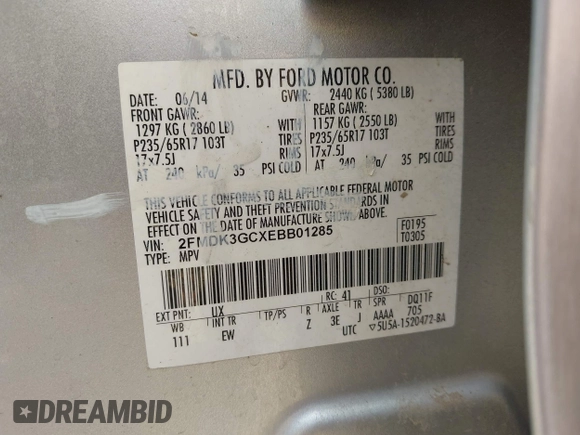 2014 Ford Edge SE с VIN 2FMDK3GCXEBB01285, выставлен на аукционе IAAI как лот 42646070 с пробегом 176 461 миль миль и . История ставок и продаж доступна на DreamBid. Изображение 9.