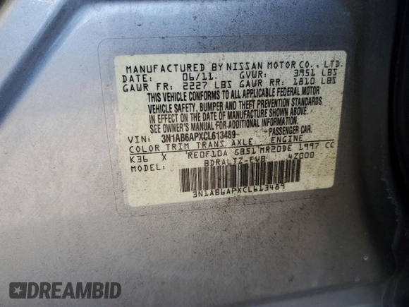 2012 Nissan Sentra 2.0 with VIN 3N1AB6APXCL613489, listed as a Copart auction lot 59323915 with 89,502 mi miles and Salvage title. Bid and sale history available at DreamBid. Image 13.
