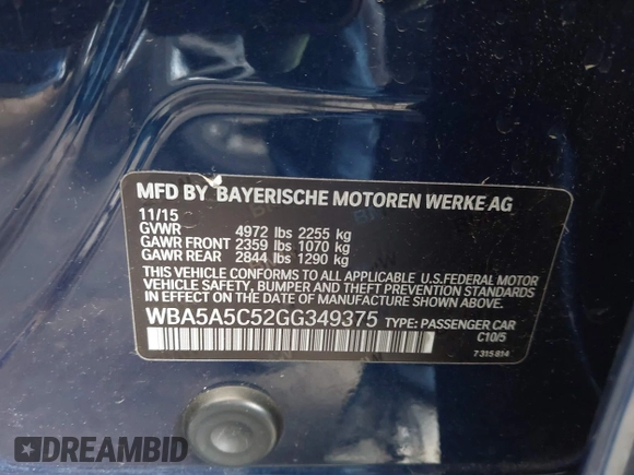 2016 BMW 5 Series 528i with VIN WBA5A5C52GG349375, listed as a IAAI auction lot 42013988 with 75,695 mi miles. Bid and sale history available at carsss.com. Image 9.