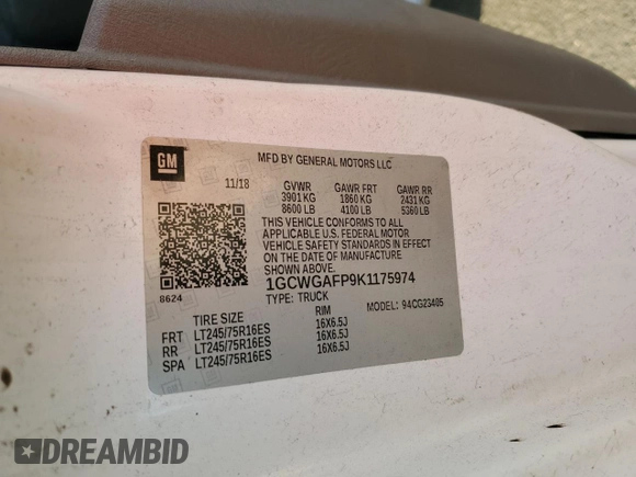 2019 Chevrolet Express Cargo with VIN 1GCWGAFP9K1175974, listed as a Copart auction lot 76817054 with 84,623 mi miles and Salvage title. Bid and sale history available at DreamBid. Image 13.
