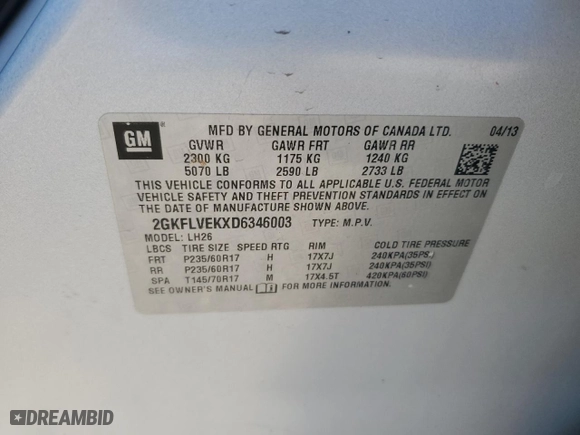 2013 GMC Terrain SLT with VIN 2GKFLVEKXD6346003, listed as a Copart auction lot 89050525 with 192,930 mi miles and Clean Title. Bid and sale history available at carsss.com. Image 13.