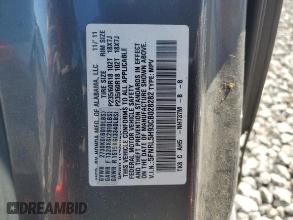 2012 Honda Odyssey Touring with VIN 5FNRL5H93CB028282, listed as a Copart auction lot 52322015 with 206,582 mi miles and Salvage Title. Bid and sale history available at carsss.com. Image 13.