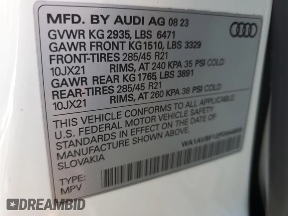 2023 Audi Q8 Premium with VIN WA1AVBF12PD044905, listed as a Copart auction lot 53206695 with 30,014 mi miles and Salvage title. Bid and sale history available at DreamBid. Image 13.