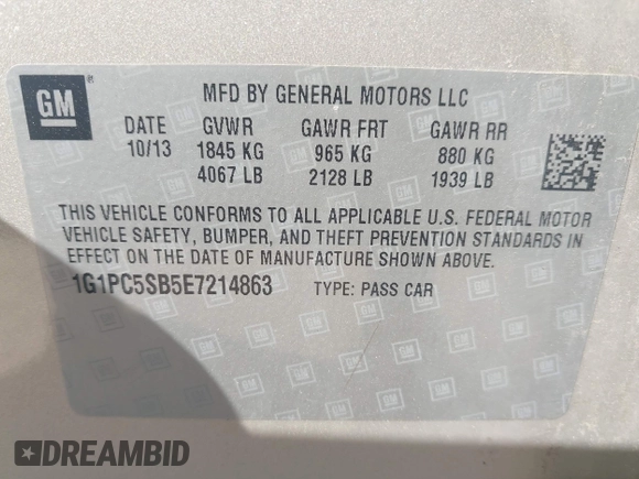 2014 Chevrolet Cruze 1LT с VIN 1G1PC5SB5E7214863, выставлен на аукционе IAAI как лот 42642718 с пробегом 132 939 миль миль и . История ставок и продаж доступна на DreamBid. Изображение 9.