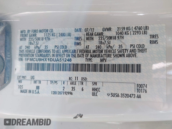 2013 Ford Escape SEL with VIN 1FMCU9HX1DUA51248, listed as a IAAI auction lot 42185187 with 123,845 mi miles and . Bid and sale history available at DreamBid. Image 9.