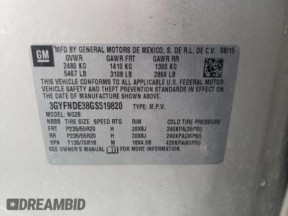 2016 Cadillac SRX Premium Collection with VIN 3GYFNDE38GS519820, listed as a Copart auction lot 73225644 with 116,331 mi miles and Non repairable. Bid and sale history available at DreamBid. Image 13.