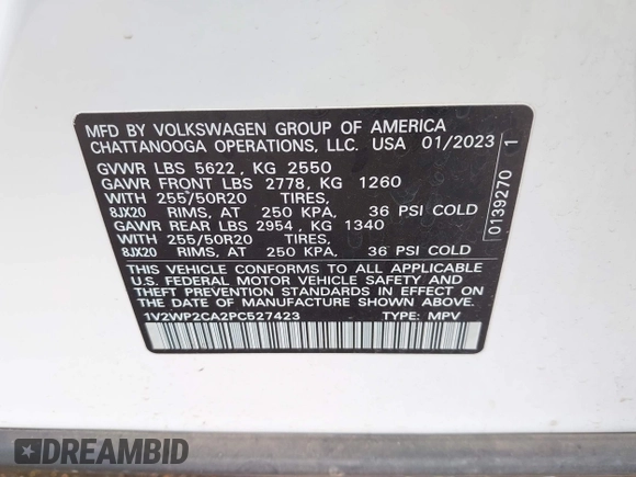 2023 Volkswagen Atlas SE с VIN 1V2WP2CA2PC527423, выставлен на аукционе IAAI как лот 41929349 с пробегом 33 884 миль миль и . История ставок и продаж доступна на DreamBid. Изображение 9.