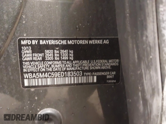 2014 BMW 5 Series 535i Gran Turismo xDrive z VIN WBA5M4C59ED183503, wystawiony jako IAAI lot #41983117 z przebiegiem 136 186 mil mil oraz . Historia ofert i sprzedaży dostępna na DreamBid. Obrazek 9.