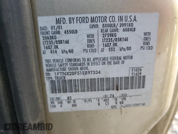 2001 Ford Super Duty F-250 XL with VIN 1FTNX20F51EB97334, listed as a Copart auction lot 78642094 with 226,311 mi miles and Salvage Title. Bid and sale history available at carsss.com. Image 13.