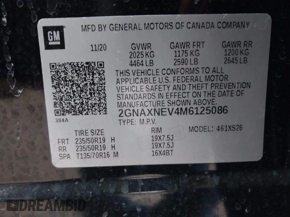 2021 Chevrolet Equinox Premier z VIN 2GNAXNEV4M6125086, wystawiony jako IAAI lot #41475387 z przebiegiem 53 387 mil mil oraz . Historia ofert i sprzedaży dostępna na DreamBid. Obrazek 9.