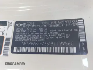 2009 MINI Hardtop S with VIN WMWMF73519TT99560, listed as a IAAI auction lot 41691939 with Not provided miles and . Bid and sale history available at DreamBid. Image 9.