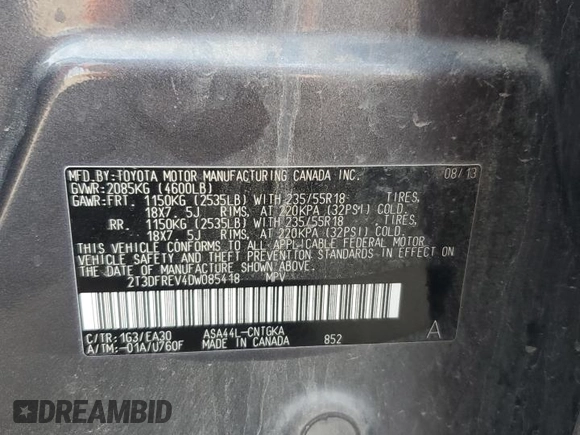 2013 Toyota RAV4 Limited z VIN 2T3DFREV4DW085418, wystawiony jako Copart lot #60705895 z przebiegiem 141 994 mil mil oraz Szkoda całkowita • Salvage title. Historia ofert i sprzedaży dostępna na DreamBid. Obrazek 13.