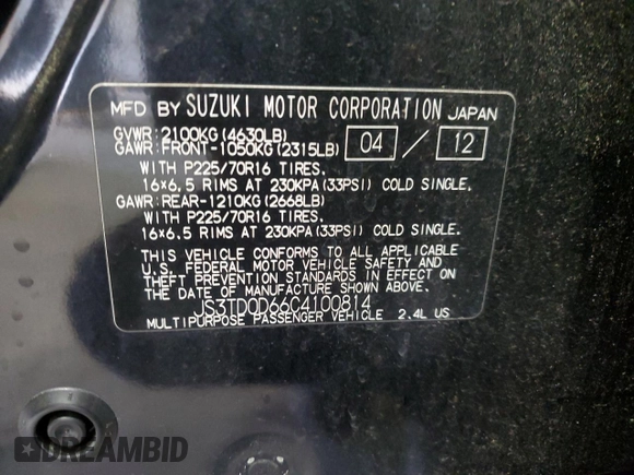 2012 Suzuki Grand Vitara Premium z VIN JS3TD0D66C4100814, wystawiony jako Copart lot #89250025 z przebiegiem 102 381 mil mil oraz Szkody całkowita. Historia ofert i sprzedaży dostępna na DreamBid. Obrazek 15.