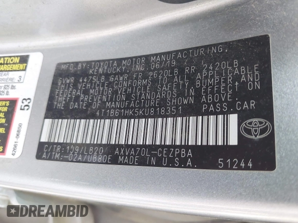 2019 Toyota Camry XSE with VIN 4T1B61HK5KU818351, listed as a IAAI auction lot 41909915 with 179,463 mi miles. Bid and sale history available at carsss.com. Image 9.