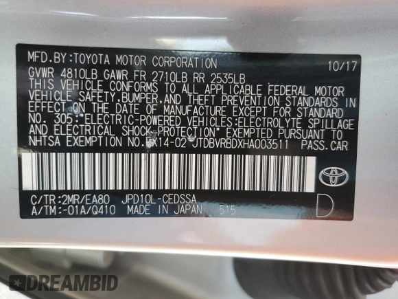 2017 Toyota Mirai with VIN JTDBVRBDXHA003511, listed as a Copart auction lot 55343795 with 48,658 mi miles and Clean Title. Bid and sale history available at DreamBid. Image 12.