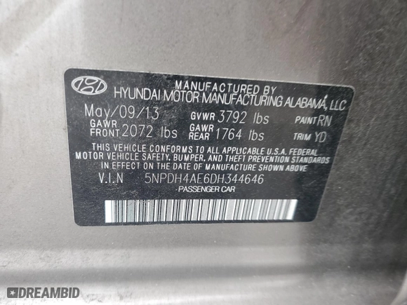 2013 Hyundai Elantra GLS PZEV with VIN 5NPDH4AE6DH344646, listed as a Copart auction lot 45891415 with 139,551 mi miles and Salvage Title. Bid and sale history available at carsss.com. Image 13.