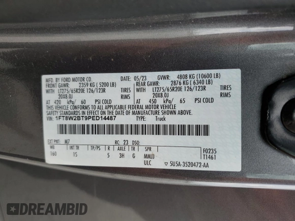 2023 Ford F-250 XL с VIN 1FT8W2BT9PED14487, выставлен на аукционе Copart как лот 56484535 с пробегом Не указан миль и Списание • Salvage title. История ставок и продаж доступна на DreamBid. Изображение 13.