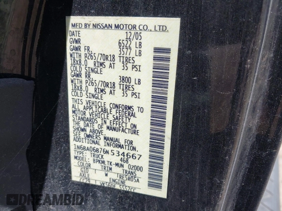 2006 Nissan Titan SE with VIN 1N6BA06B76N534667, listed as a IAAI auction lot 42143765 with 165,208 mi miles and . Bid and sale history available at DreamBid. Image 9.