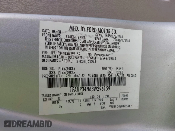2008 Ford Focus S with VIN 1FAHP34N68W296159, listed as a IAAI auction lot 41913547 with 158,955 mi miles. Bid and sale history available at carsss.com. Image 9.