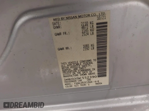 2022 Nissan LEAF SV Plus with VIN 1N4BZ1CV3NC552390, listed as a IAAI auction lot 41600705 with 28,931 mi miles and . Bid and sale history available at DreamBid. Image 9.