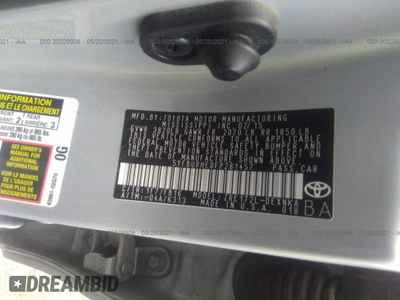 2015 Toyota Corolla L with VIN 5YFBURHE0FP281457, listed as a IAAI auction lot 39664934 with Not Provided miles and . Bid and sale history available at DreamBid. Image 9.