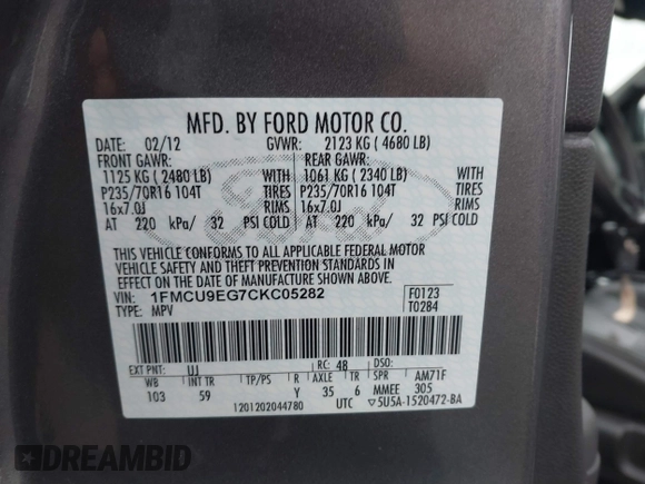 2012 Ford Escape Limited с VIN 1FMCU9EG7CKC05282, выставлен на аукционе IAAI как лот 41486239 с пробегом 217 932 миль миль и . История ставок и продаж доступна на DreamBid. Изображение 9.