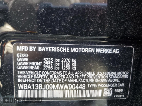2021 BMW 5 Series 530i xDrive with VIN WBA13BJ09MWW90448, listed as a Copart auction lot 60318605 with Not provided miles and Clean title. Bid and sale history available at DreamBid. Image 13.