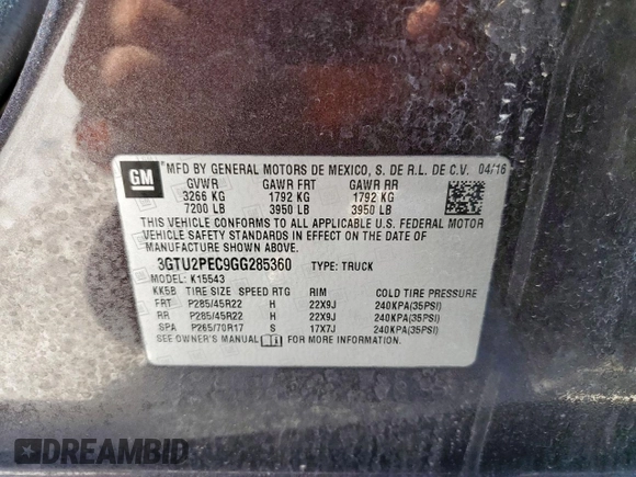 2016 GMC Sierra 1500 Denali z VIN 3GTU2PEC9GG285360, wystawiony jako Copart lot #58137055 z przebiegiem 94 719 mil mil oraz Szkoda całkowita • Salvage title. Historia ofert i sprzedaży dostępna na DreamBid. Obrazek 12.