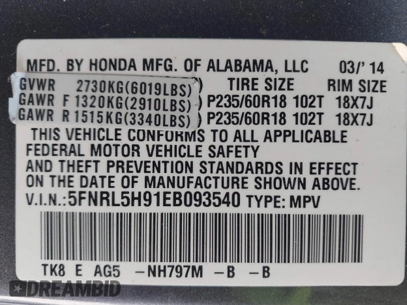 2014 Honda Odyssey Touring with VIN 5FNRL5H91EB093540, listed as a IAAI auction lot 41887412 with 202,076 mi miles and . Bid and sale history available at DreamBid. Image 9.