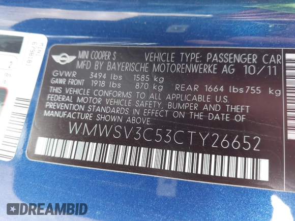 2012 MINI Hardtop S with VIN WMWSV3C53CTY26652, listed as a IAAI auction lot 42132011 with 65,856 mi miles and . Bid and sale history available at DreamBid. Image 9.