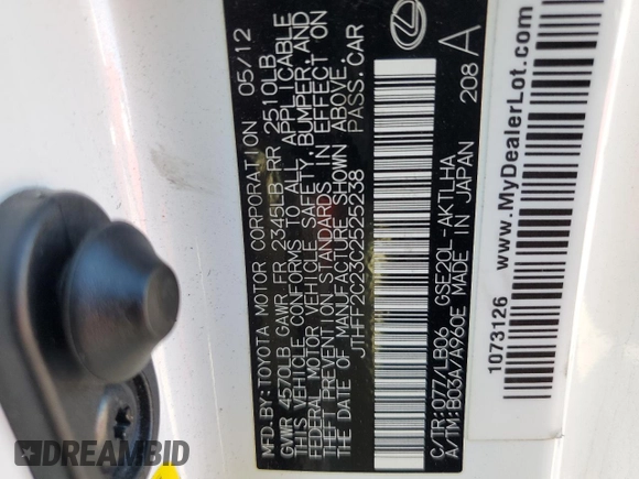 2012 Lexus IS 250 C z VIN JTHFF2C23C2525238, wystawiony jako Copart lot #62439834 z przebiegiem 41 360 mil mil oraz Szkoda całkowita • Salvage title. Historia ofert i sprzedaży dostępna na DreamBid. Obrazek 14.