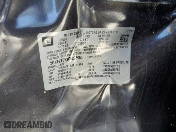 2013 GMC Terrain SLE with VIN 2GKFLTEK3D6256955, listed as a Copart auction lot 46119145 with 135,952 mi miles and Salvage Title. Bid and sale history available at DreamBid. Image 14.