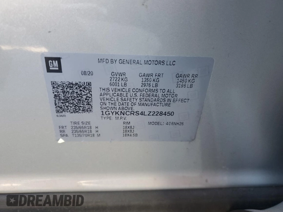 2020 Cadillac XT5 Premium Luxury FWD with VIN 1GYKNCRS4LZ228450, listed as a Copart auction lot 80534104 with Not provided miles and Salvage title. Bid and sale history available at DreamBid. Image 13.