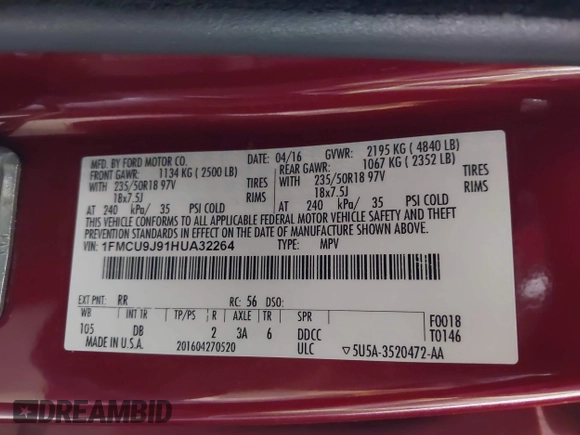 2017 Ford Escape Titanium with VIN 1FMCU9J91HUA32264, listed as a IAAI auction lot 42050273 with 201,128 mi miles. Bid and sale history available at carsss.com. Image 9.