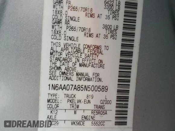 2005 Nissan Titan XE with VIN 1N6AA07A85N500589, listed as a Copart auction lot 43619075 with Not Provided miles and Clean Title. Bid and sale history available at DreamBid. Image 12.