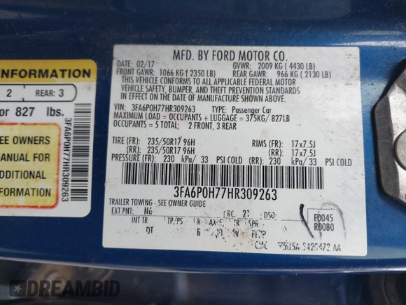 2017 Ford Fusion SE z VIN 3FA6P0H77HR309263, wystawiony jako IAAI lot #41914769 z przebiegiem 136 833 mil mil oraz . Historia ofert i sprzedaży dostępna na DreamBid. Obrazek 9.