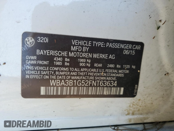 2015 BMW 3 Series 320i with VIN WBA3B1G52FNT63634, listed as a Copart auction lot 45853245 with 111,458 mi miles and Salvage Title. Bid and sale history available at carsss.com. Image 14.